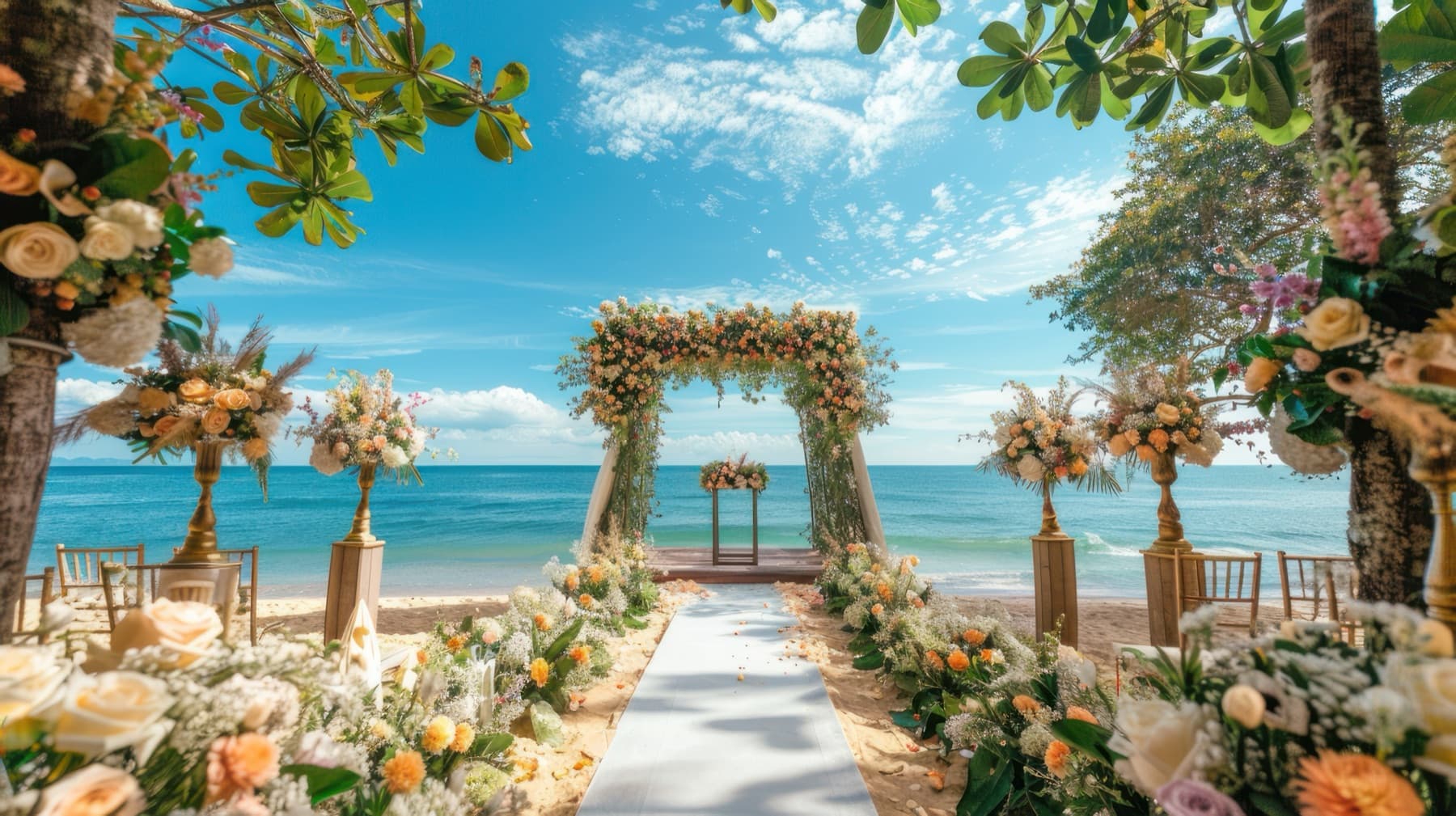 Bali beach wedding aisle with full guest seating and floral arch