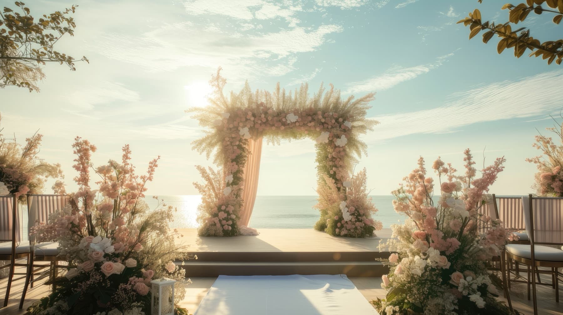 Elevated oceanview wedding stage with floral arch, signature ceremony setting